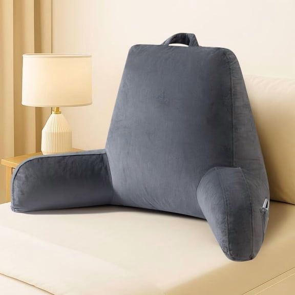 Reading Pillow for Sitting in Bed Adult, 18" H for Bed Sitting Up with Shredded Memory Foam, Back Support with Washable Cover, Backrest Pillow with Extend Arms, Gery, Large
