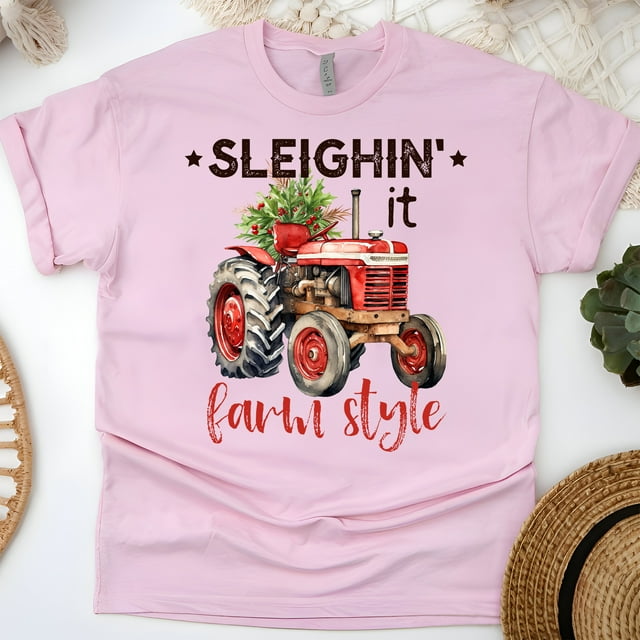 Sleighin’ It Farm Style Shirt | Red Tractor Country Christmas Tee, Light Pink, Size S