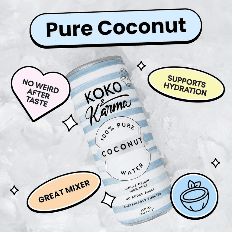 Koko & Karma 100% Pure Coconut Water, No Added Sugar, 4-Pack Cans
