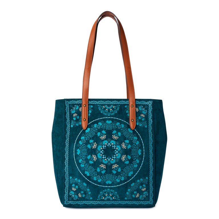 The Pioneer Woman Printed Women's Blue Faux Suede Tote Handbag