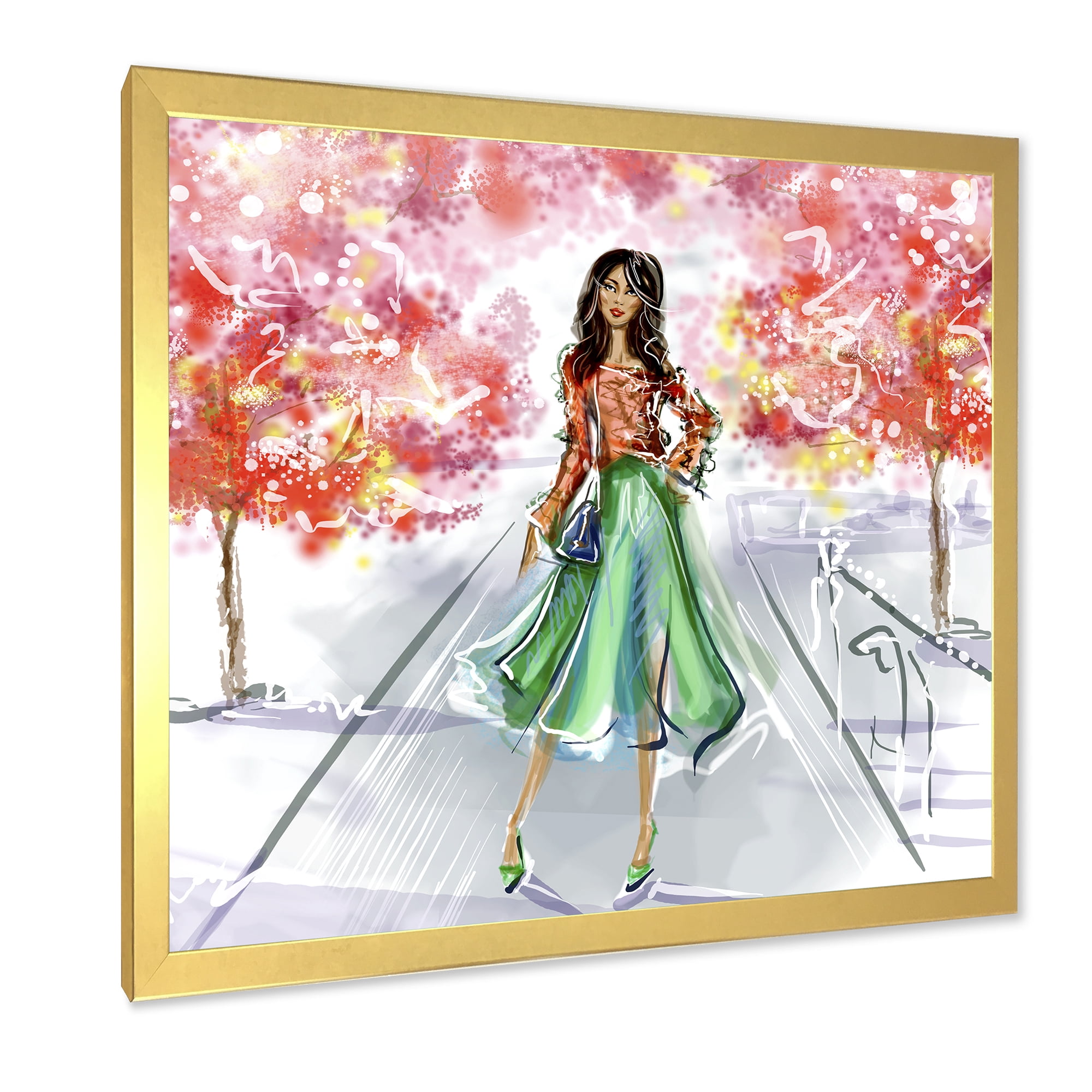 Beautiful Woman Wearing Fashionable Clothes In Park 30 in x 30 in Framed Painting Canvas Art Print, by Designart