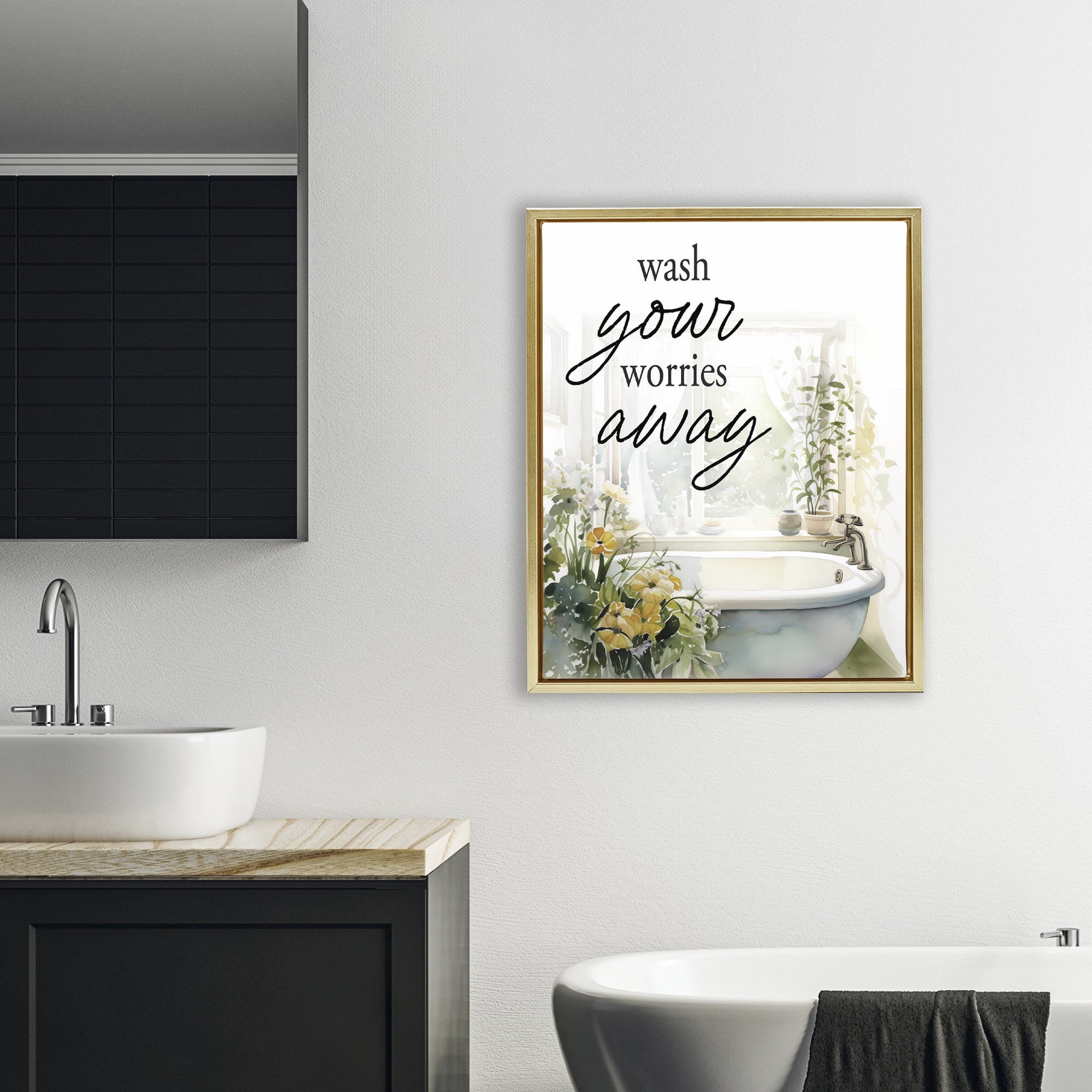 Wash Worries Away Sunlit Bath Gold Framed Floater Canvas Wall Art, design by Lettered and Lined