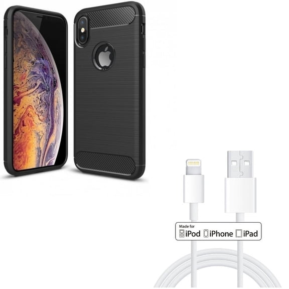 6ft MFi USB Cable w Case for iPhone XS/X - Certified Charger Cord Power Wire Sync, Carbon Fiber Slim Fit Cover Reinforced Bumper Shock Absorbent for iPhone XS/X