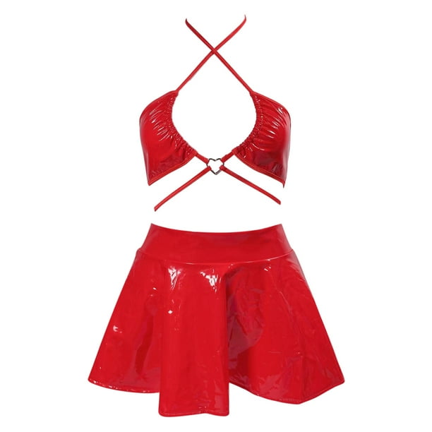 Homely Red Leather Lingerie Hot Red Pu Leather Mini Skirt Bridal Sexy  Lingerie Bra Set Night Club 