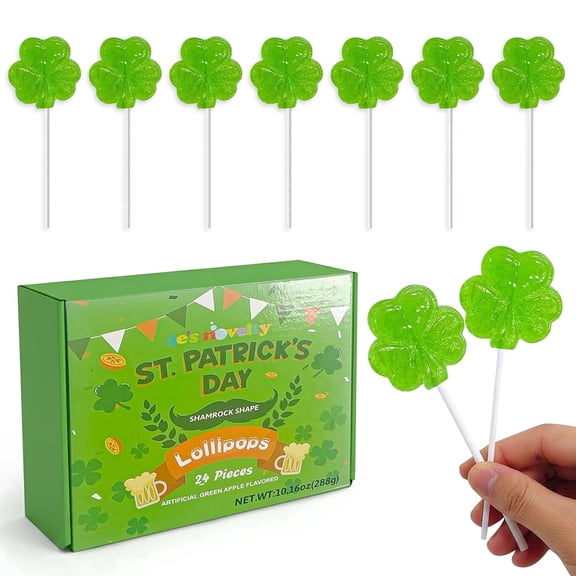 4E's Novelty 24 Pack St. Patrick's Day Shamrock Lollipops, Green Apple Party Candy