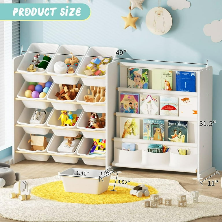 Kids Toy Storage Organizer Toy Organizer with Kids Bookshelf Toy Storage with 12 White Toy Bins and 4 Book Shelves Toy Organizers and Storage for