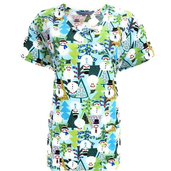 Mock Wrap Print Scrub Top Christmas Holiday, Light Blue Snowmen, S