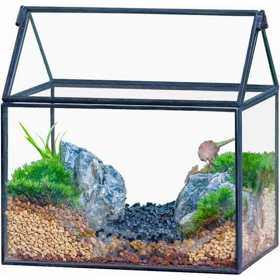 NCYP Small Glass Terrarium with Lid for Plant Succulent - 6.1 X 4.33 X 6.3 Inches - House Shape Flower Pot, Garden Tabletop Decor Planter, Geometric Centerpiece, Black (No Plants)