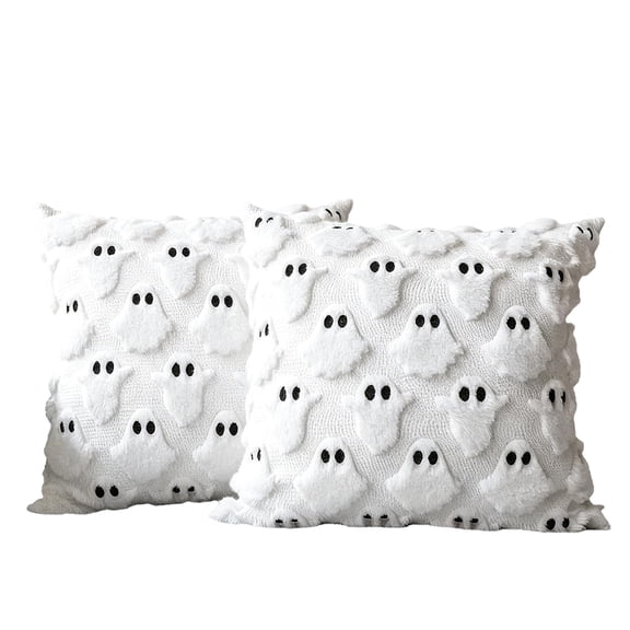 Halloween Pillow Covers 18x18 Set of 2, Fall Ghost Plush Faux Fur Cushion Case for Sofa Bedroom Living Room (White)