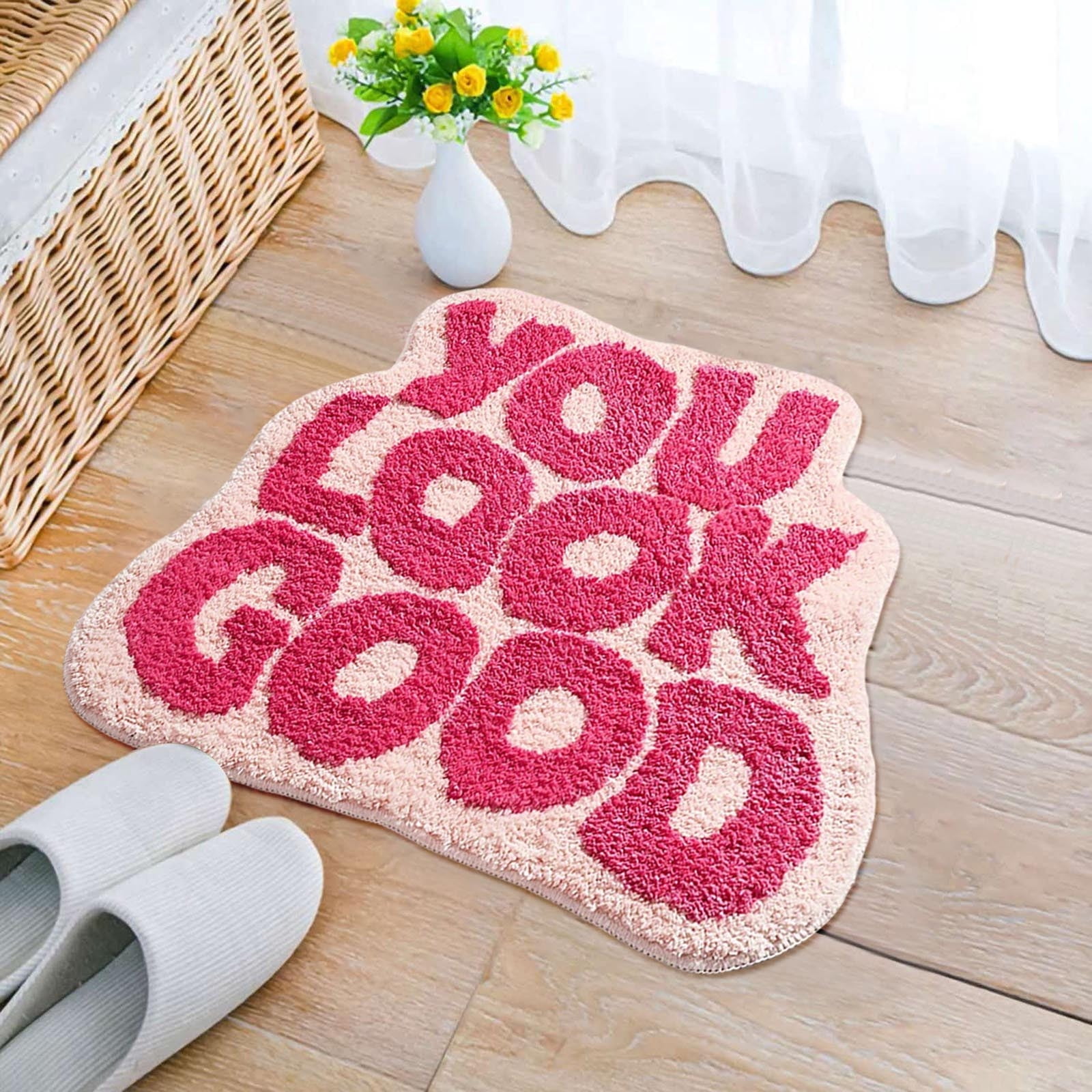 You Look Good Bath Mat Pink, Cute Bathroom Rugs for Girls Fun Funny Funky Rug Bedroom Pink Preppy Bathroom Decor Hello Beautiful Gorgeous Bath Rugs for Kids Women Non-