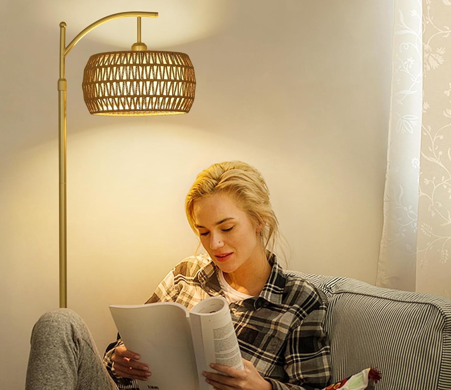 Arc Floor Lamp with Rattan Shade, LED Standing Lamp with Remote, Dimmable, Adjustable