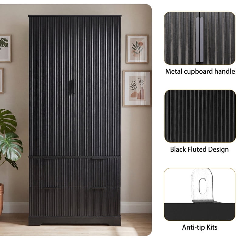 72'' Tall Fluted Kitchen Pantry Hutch with Rack & Drawer, Multi-Functional Storage Cabinet, Freestanding Cupboard Organizer