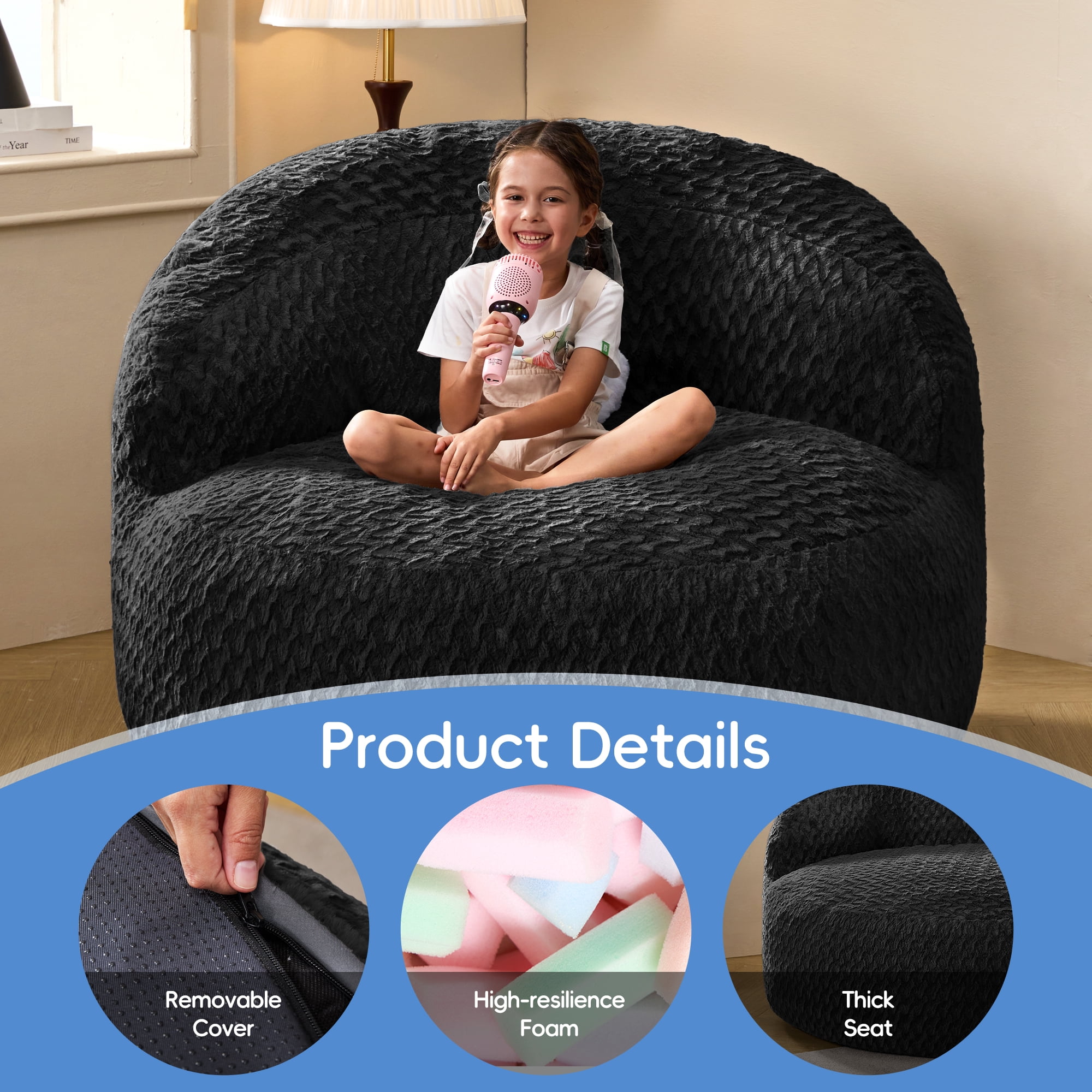 Hobestluk 4FT Bean Bag Chair for Adults with Memory Foam Filler Giant Beanbag with Faux Fur Cover for Bedroom (Chevron Black,Oversize)