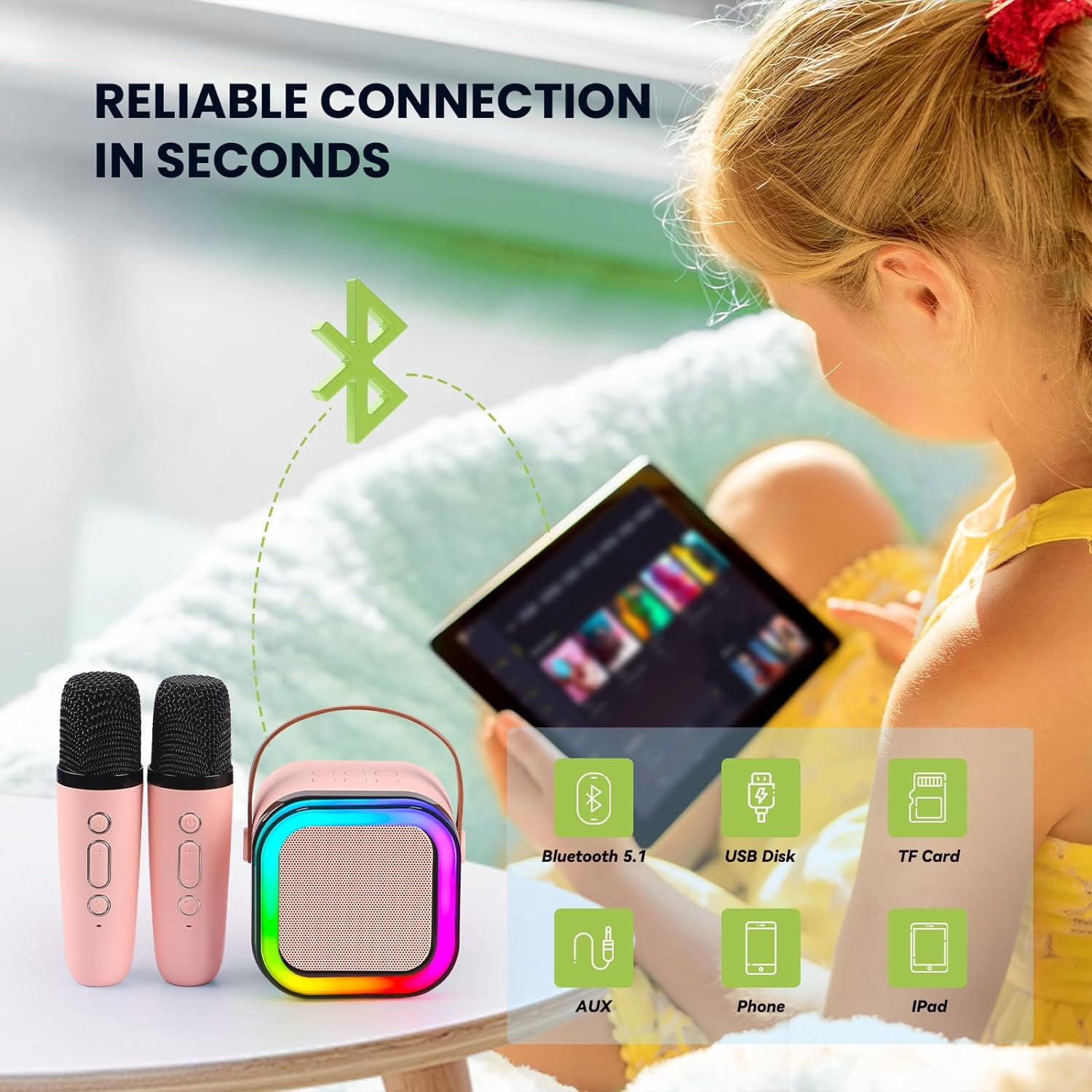 Mini Karaoke Machine for Kids Adults, Portable Bluetooth Karaoke Speaker with 2 Wireless Microphones for Kids Teens Adults, Ideal Gifts for Girls Boys Birthday Holiday Home Party (Pink)