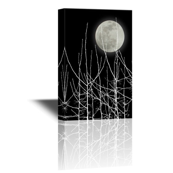 wall26 - Canvas Wall Art - Full Moon in The Sky with White Tree Branches - Gallery Wrap Modern Home Art | Ready to Hang - 32x48 inches