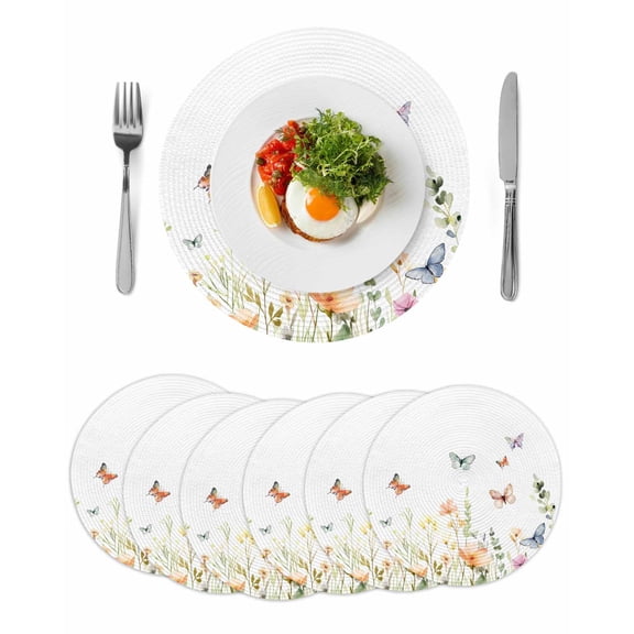 Spring Floral Round 13 Inch Placemats Set of 6, Butterfly Summer Botanical Watercolor HeatResistant Non Slip Place Mats for Dining Table, Wipeable Braided Kitchen Table Mats for Housewarming