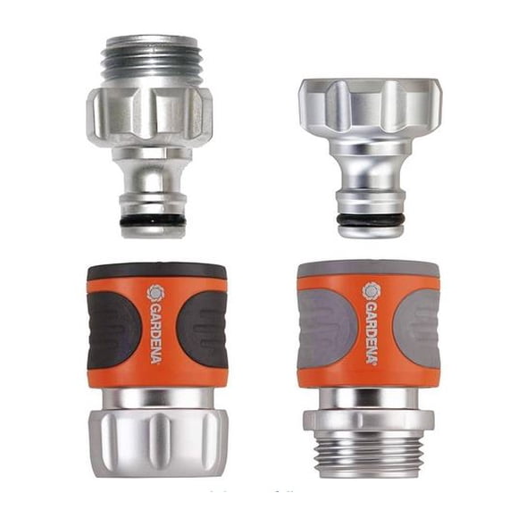 Gardena 9042-M Ensemble de Départ de Connecteurs Rapides en Métal de Qualité Supérieure, 4 Pcs, pour Tout Tuyau d'Arrosage, Arroseur Ou Buse de Pulvérisation de 5/8 Po Ou 1/2 Po, Fabriqué en Allemagne