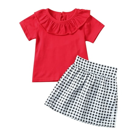 

ZHUASHUM Toddler Kids Baby Girls Solid Ruffles Tops Tee T-Shirt Plaid Skirts Set Outfits