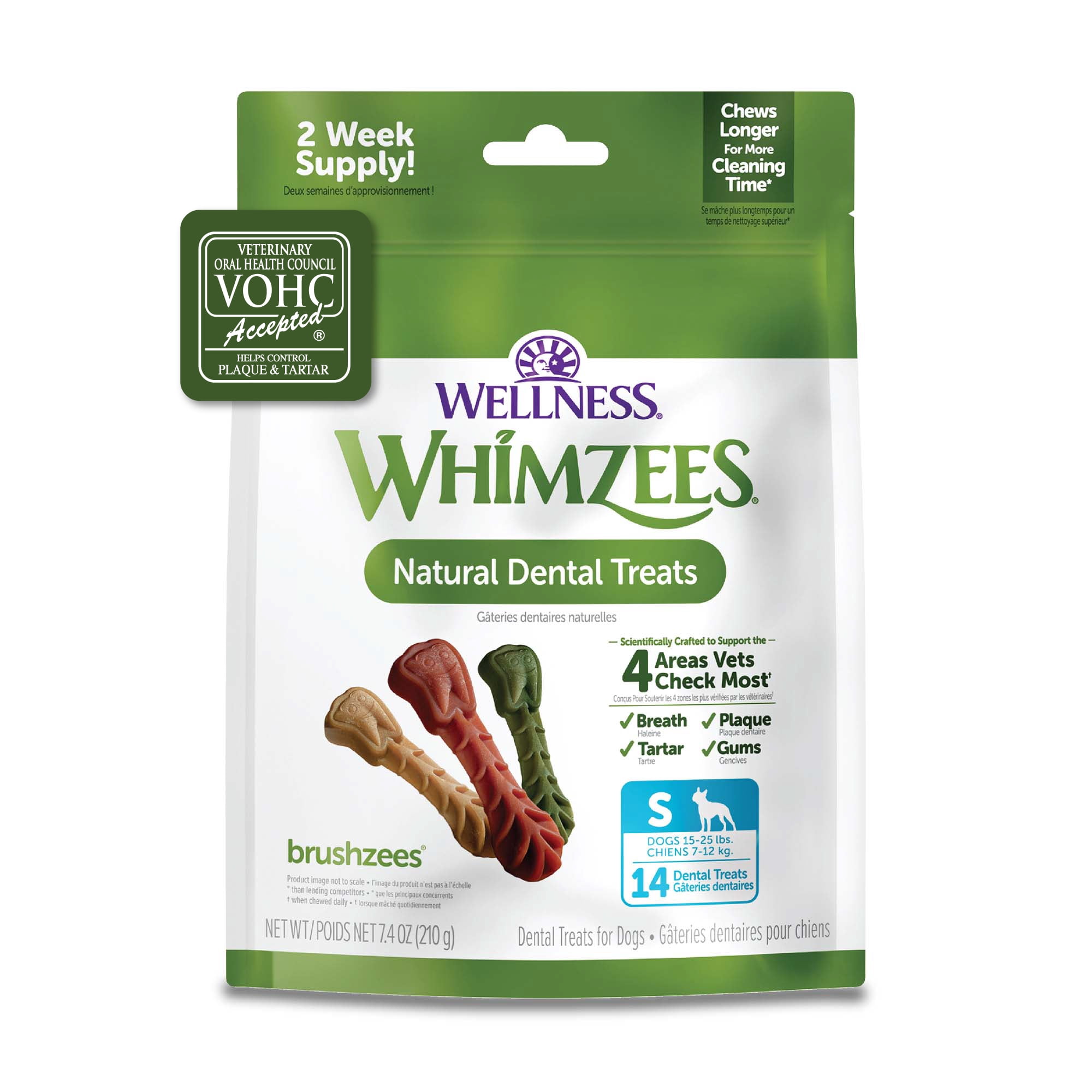 Wellness WHIMZEES Daily Brushzees Natural Dog Dental Treat, VOHC Accepted Chews, Freshens Breath, Small Size, 7.4 oz Bag, 14 Count