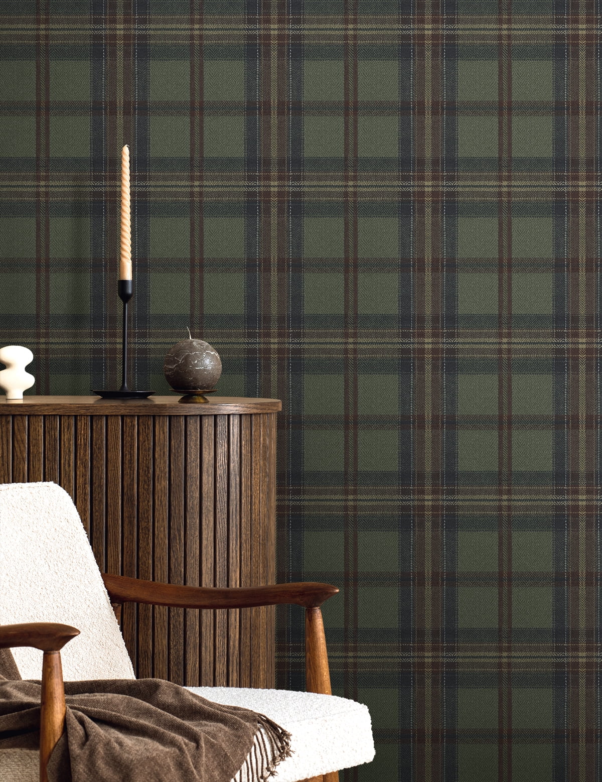 Harry & Grace Adobe & Antique Green Herringbone Plaid Premium Matte Non-Woven Peel and Stick Wallpaper - 20.5 in. W x 18 ft. L Roll