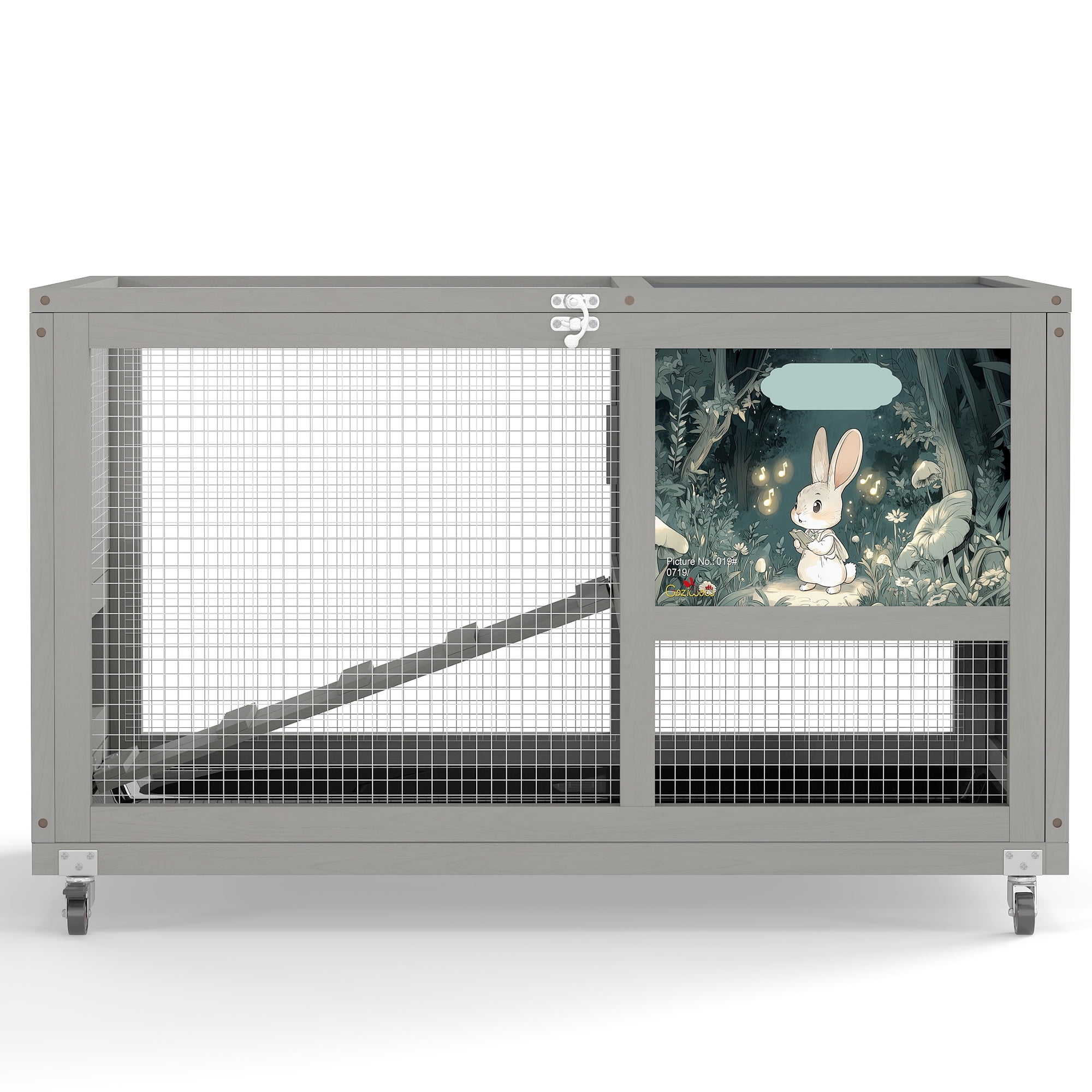 ZephyPaws Indoor Rabbit Hutch,Pet House for Rabbits and Guinea Pigs,Bunny Cage on Wheels,Pull Out Tray,Gray