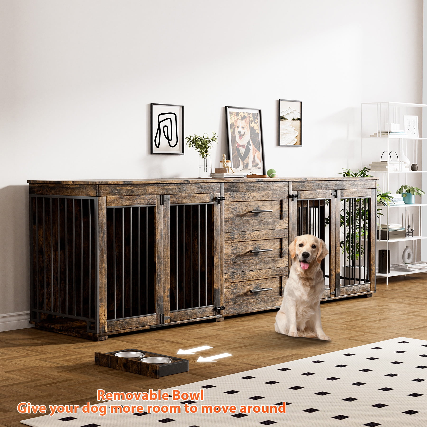 Rophefx 95.4" Dog Crate Furniture for 2 Dogs,Large Kennel with 3 Drawers and 4 Bowls,Wooden Heavy Duty Indoor Dog House,Brown