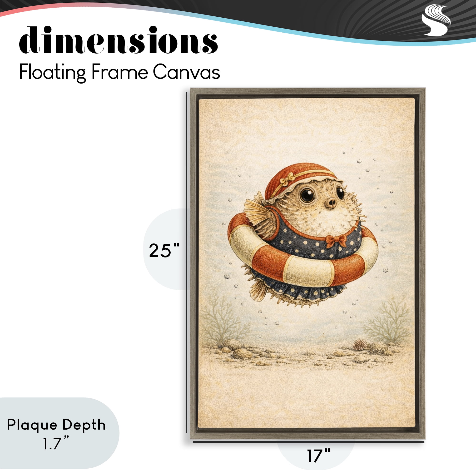 Stupell Industries Pufferfish Of Maritime Bathing Society Brown Framed Floater Canvas Wall Art, design by Grotto Studios