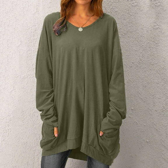 Abcnature Women Autumn Winter Long Sleeve Blouse Casual Pocket Midi Tunic Knitted Tops Pullover Loose Long Round Neck T Shirt Army Green S