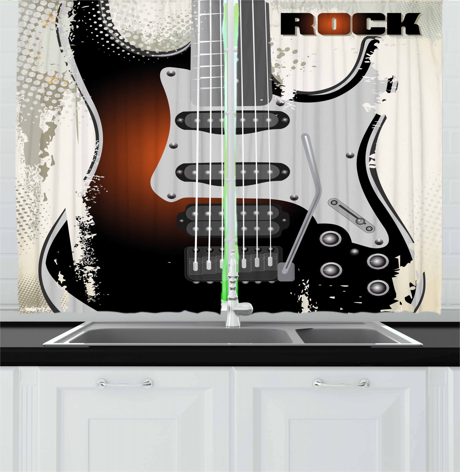 Rock Music Curtains 2 Panels Set, Detailed Guitar Pattern with Strings