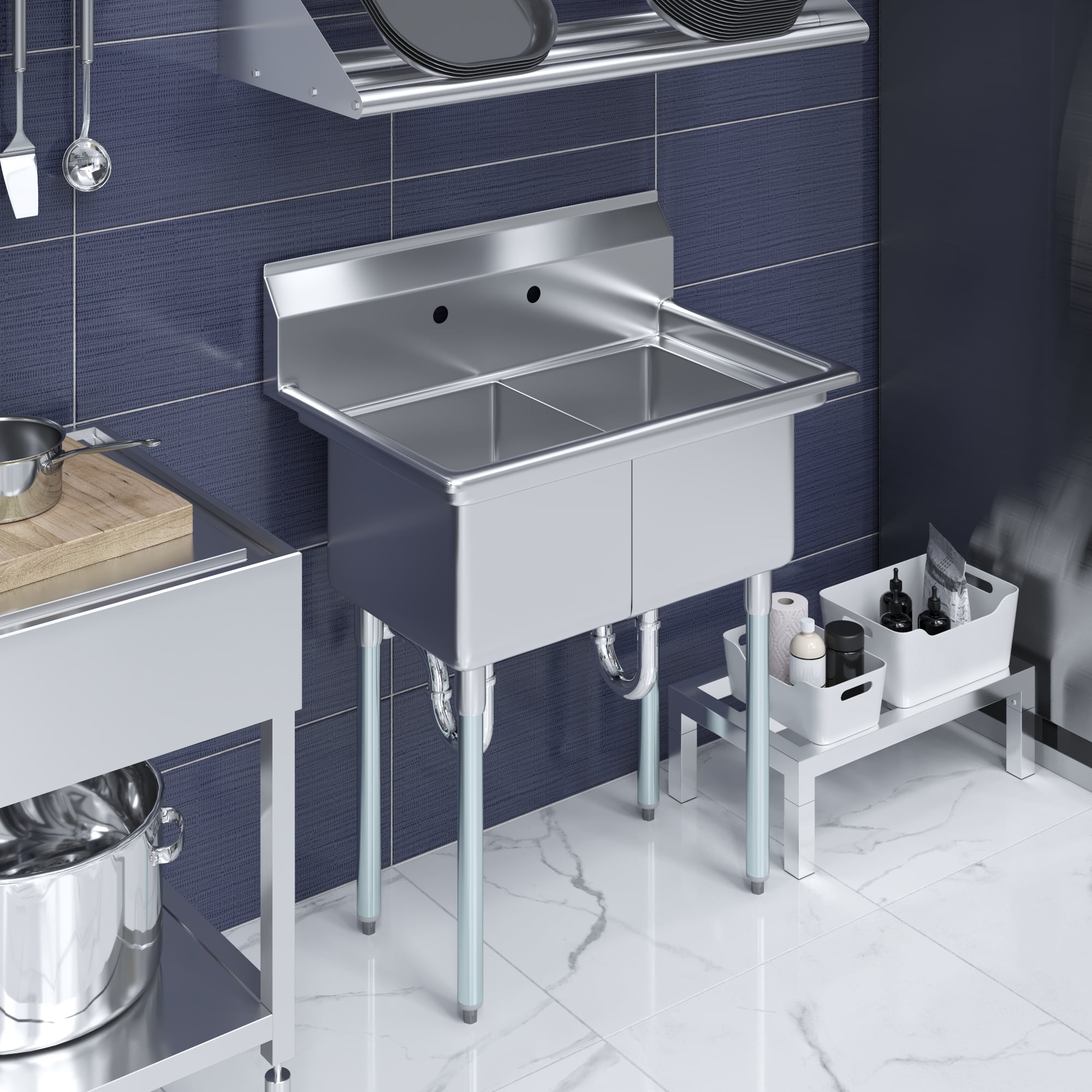AmGood 22 in. x 34 in. Stainless Steel Two Compartment Sink with 14 in. x 16 in. x 11 in. Bowls