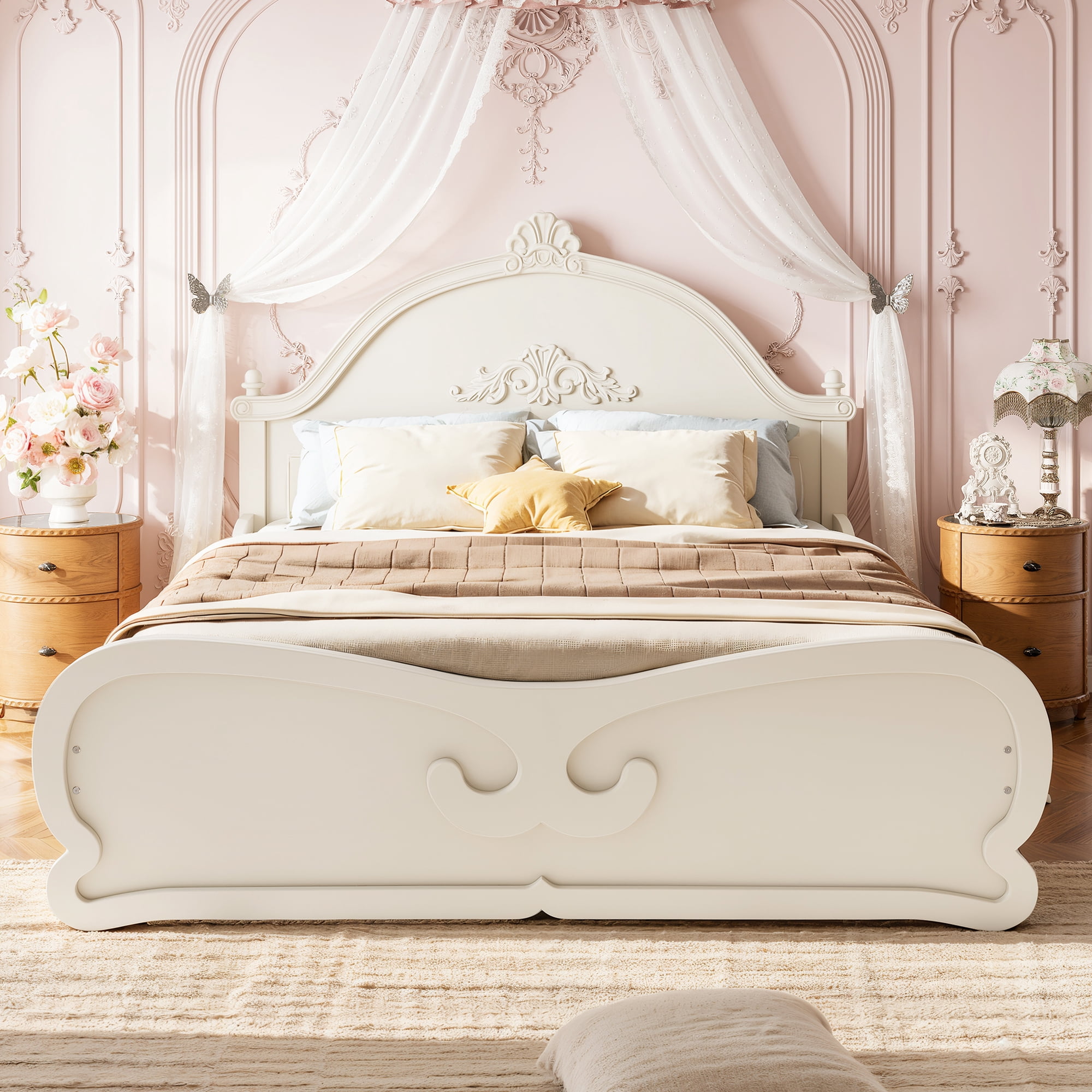HOQBN Full Size Vintage Carved Platform Bed with Headboard, Solid Wood Bed Frame with Slatted Support, Low Profile Platform Bed for Kid Teens, Beige