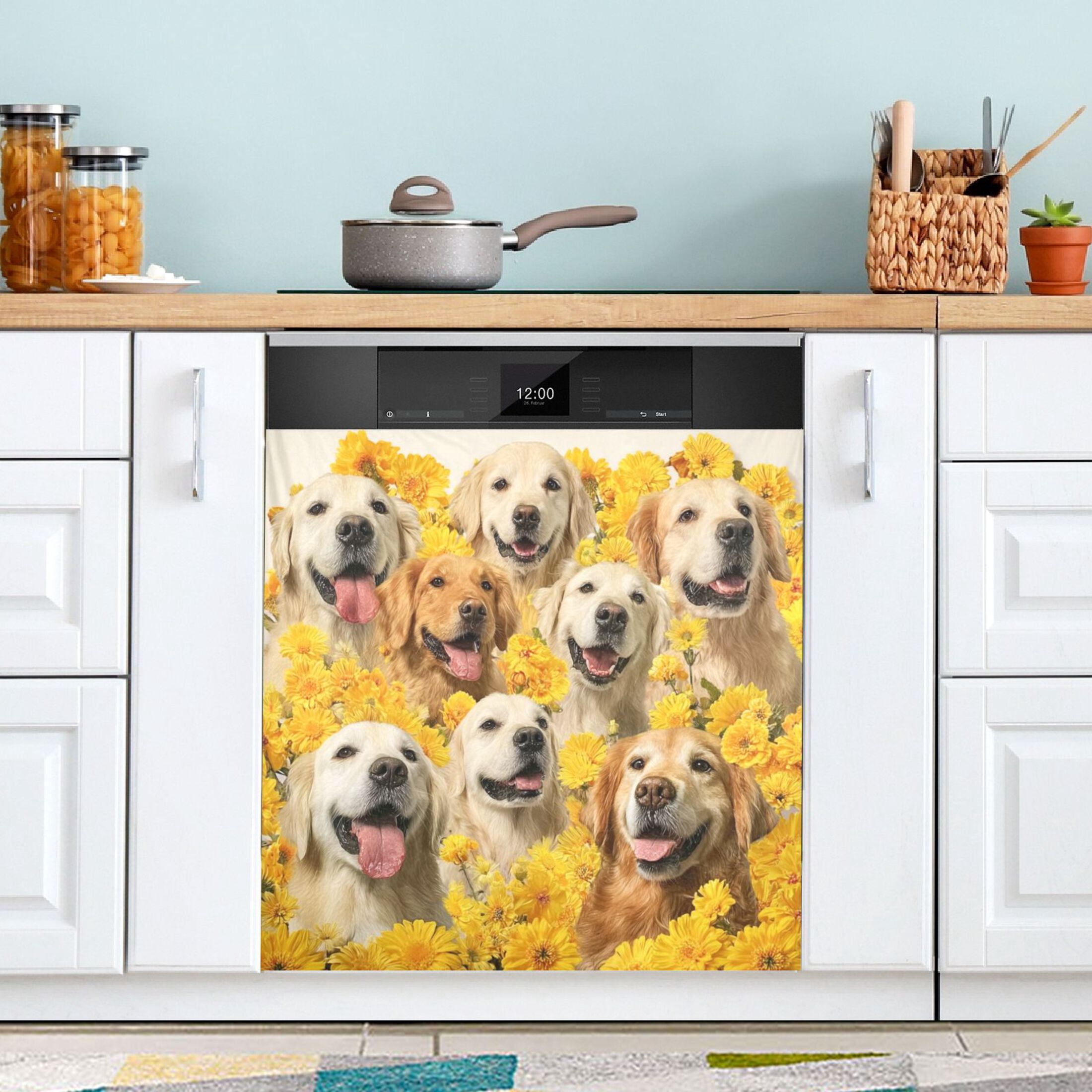 IAUYY Magnetic decorative sticker - 23x26 Inch PVC Refrigerator Decorative Cover, Removable DIY Art for Kitchen Appliances Daisies and Dogs