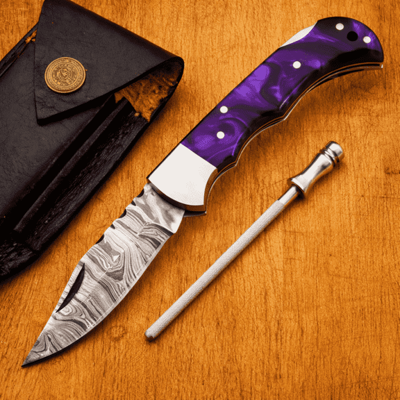 Handmade Damascus Pocket Knife  7"– Purple Resin Handle Folding Knife, Leather Sheath HandiGo USA