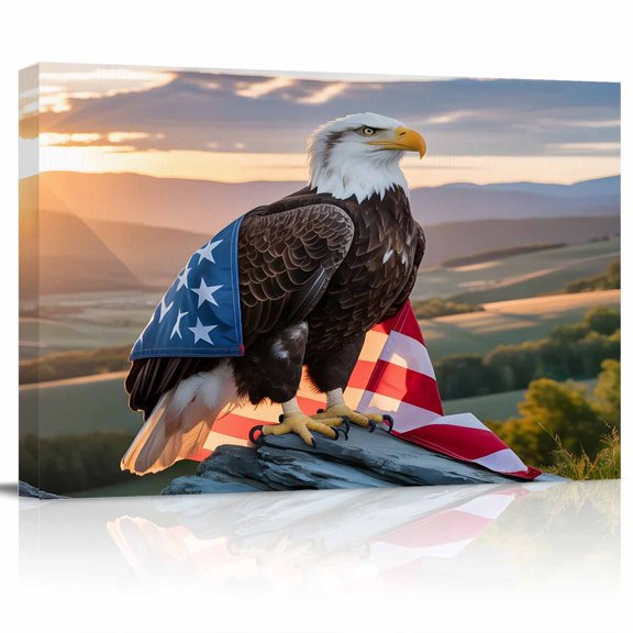 Independence Day Canvas Print Wall Art U.S. Flag Themed Natural Field Cool Eagle Pictures Painting Morden Artwork for Living Room Bedroom, Ready to Hang - 12"x16"