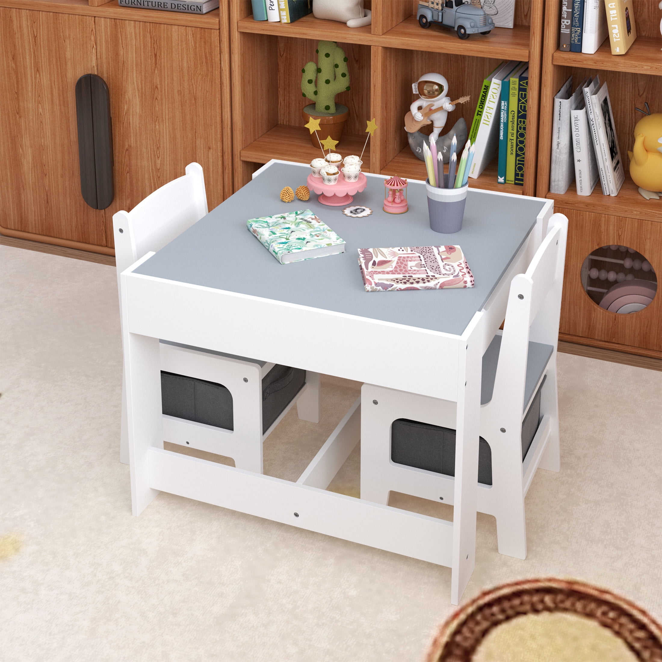 Noble House 3-in-1 Kids Wooden Activity Table and 2 Chairs Set, Reversible Blackboard Top with Storage Drawer, White