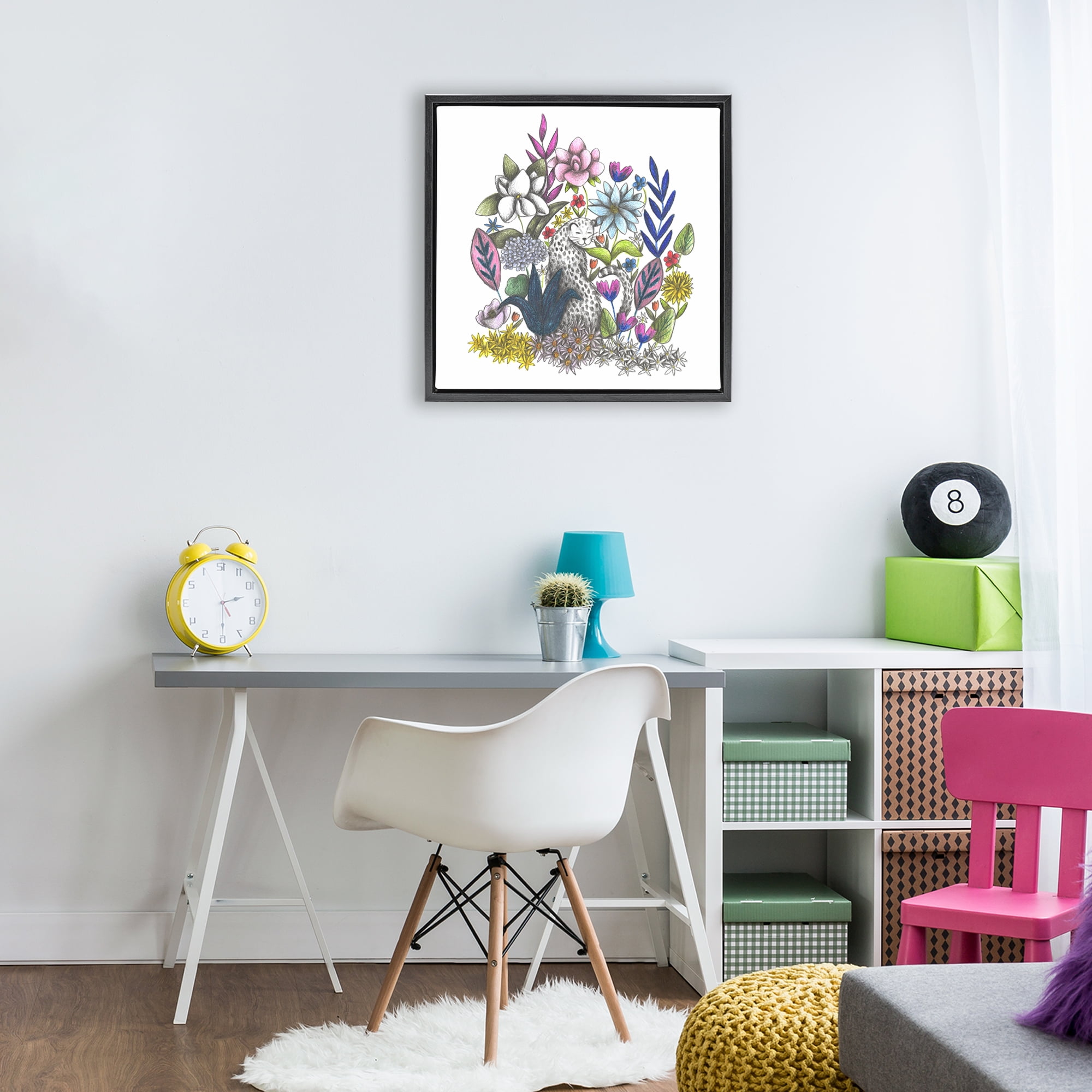 Leopard in Midst of Flowers Black Framed Floater Canvas Wall Art, design by Cecilia Battaini
