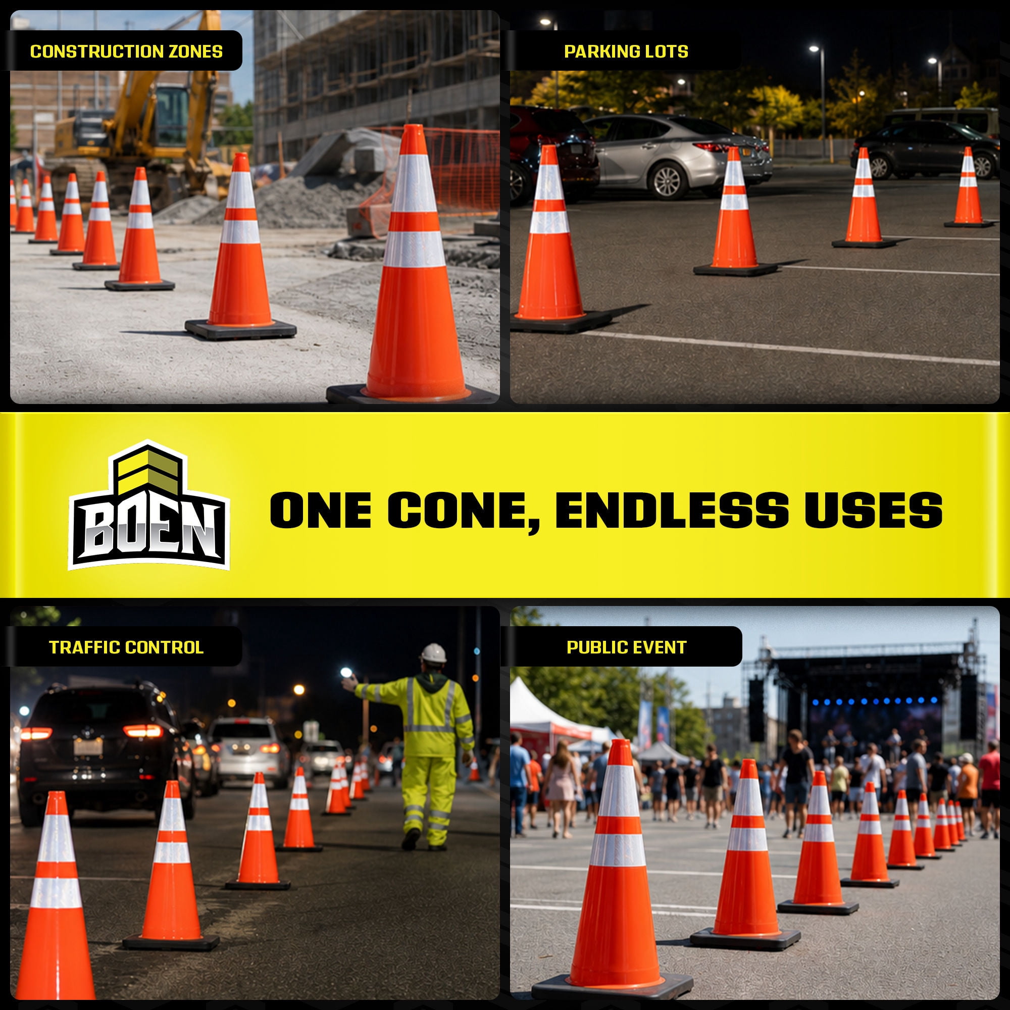 BOEN 28 in Orange Reflective Traffic Cones, 7 lb DOT MUTCD Road Safety, 3 Pack
