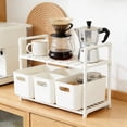 thumbnail image 6 of FEOLGEHLY Expandable Kitchen Shelf Organizer, 3-Tier Countertop Spice Rack with Hooks, Adjustable Microwave Stand for Coffee Bar, Pantry, Sink, White, 6 of 6