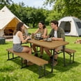 thumbnail image 2 of Living and More 3-Piece Picnic Table Set, 6 Foot Polyethylene Folding Table with 2 Folding Benches, Weather Resistant, Indoor Outdoor, Dark Brown Wood Finish with Black Metal Legs, 2 of 14