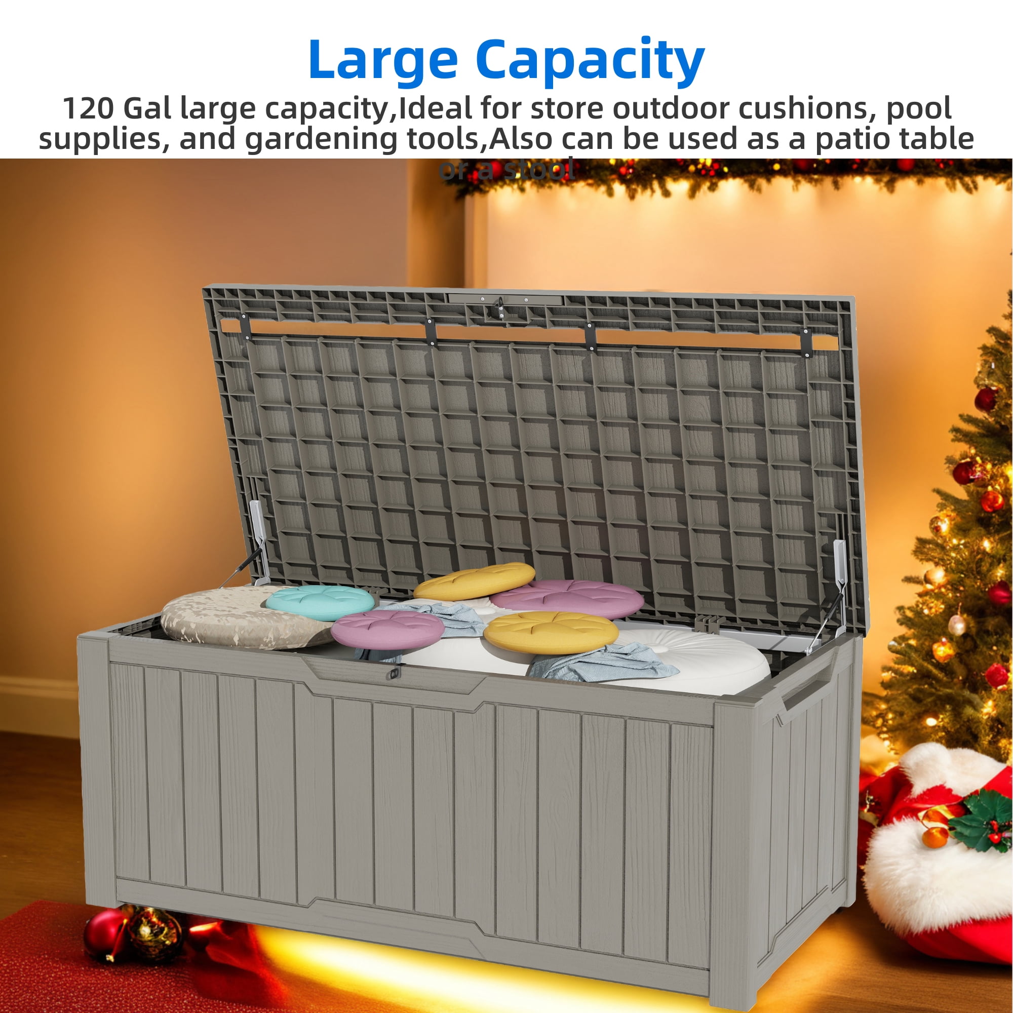 Uforic 100 Gallon Weatherproof Resin Deck Box, Lockable Outdoor Storage Solution in Light Brown