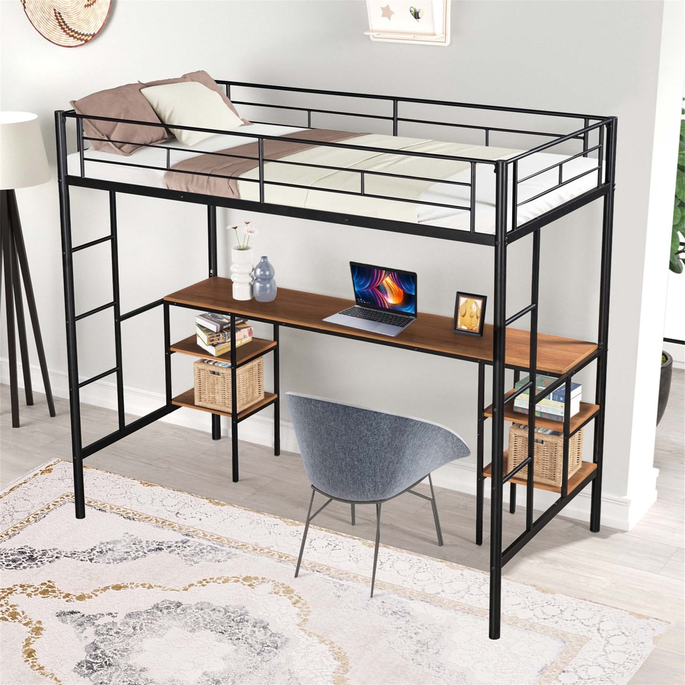 Aukfa Metal Twin Loft Bed with Desk and 4 Tier Bookshelf for Kids Teens Dorm Bedroom, Black