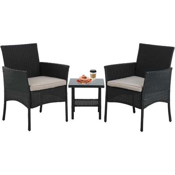 XF XINFENG Patio Furniture Outdoor Furniture 3 Piece Small Outdoor Patio Set with Coffee Table, Wicker Conversation Bistro Set with Glass Tabletop for Patio,Porch,Poolside(Black)