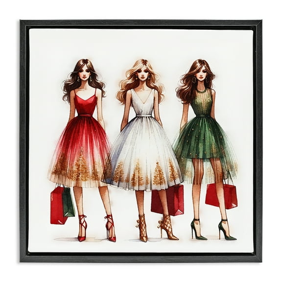 Stupell Industries Trendy Christmas Girls Holiday Painting Black Floater Framed Canvas Art Prints Wall Art, 18 x 18