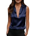 thumbnail image 2 of Women's Solid Color Satin Sleeveless Top with Deep V Neck and Turn Down Lapel Collar, Elegant Casual Blouse, for Summer Daily Wear or Office Outfits Navy, 2 of 5