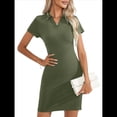 thumbnail image 3 of Vestido Corto Acanalado con Solapa y Cuello en V para Mujer, Color Liso, con Mangas y Control de Abdomen. Verde M, 3 of 9