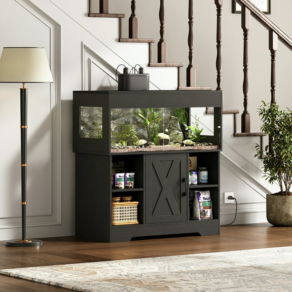 Herture 40 Gallon Reptile Terrarium Tank with Storage Cabinet, Reptile Tank with Stand, for Leopard Geckos, Corn Snakes, Juvenile Pets, Sliding Acrylic Doors, Mesh Top, Power Outlet, Black PX03RTB