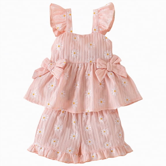 Xyant Toddler Baby Girl Clothes Summer Linen Outfit Bows Ruffle Shirts   Ruffled Short Set Infant Outfits for Girls (Pink,2-3 Years)