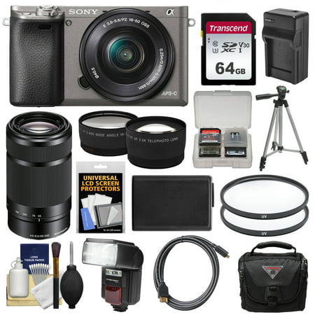 sony alpha a6000 wi-fi digital camera & 16-50mm lens (silver) with 55-210mm lens + 64gb card + case + flash + battery/charger + tripod (Best Off Camera Flash For Sony)