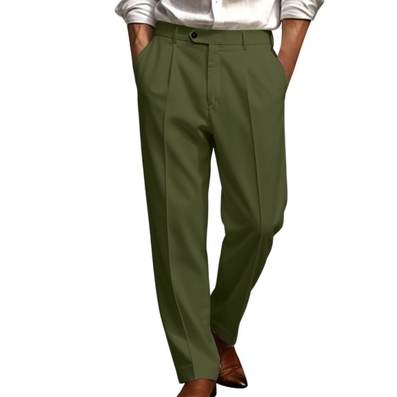 Men’s Solid Double Pleat Straight Leg Dress Pants, Loose Fit Casual Trousers with Pockets
