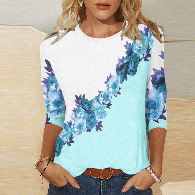 XFLWAM Summer 3/4 Sleeve for Womens T Shirt Color Block Floral Painting  Pattern Pullover Top Round Neck Tee Blue S 